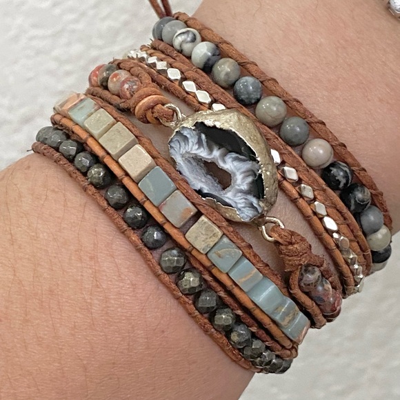 Handmade Natural Stones Druzy Crystal Leather Boho Multilayered Wrap Bracelet - Picture 3 of 13